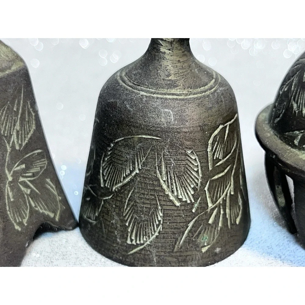 1 CLAW AND 2 BRASS HAND ETCHED BELLS FROM INDIA ALL ARE 2